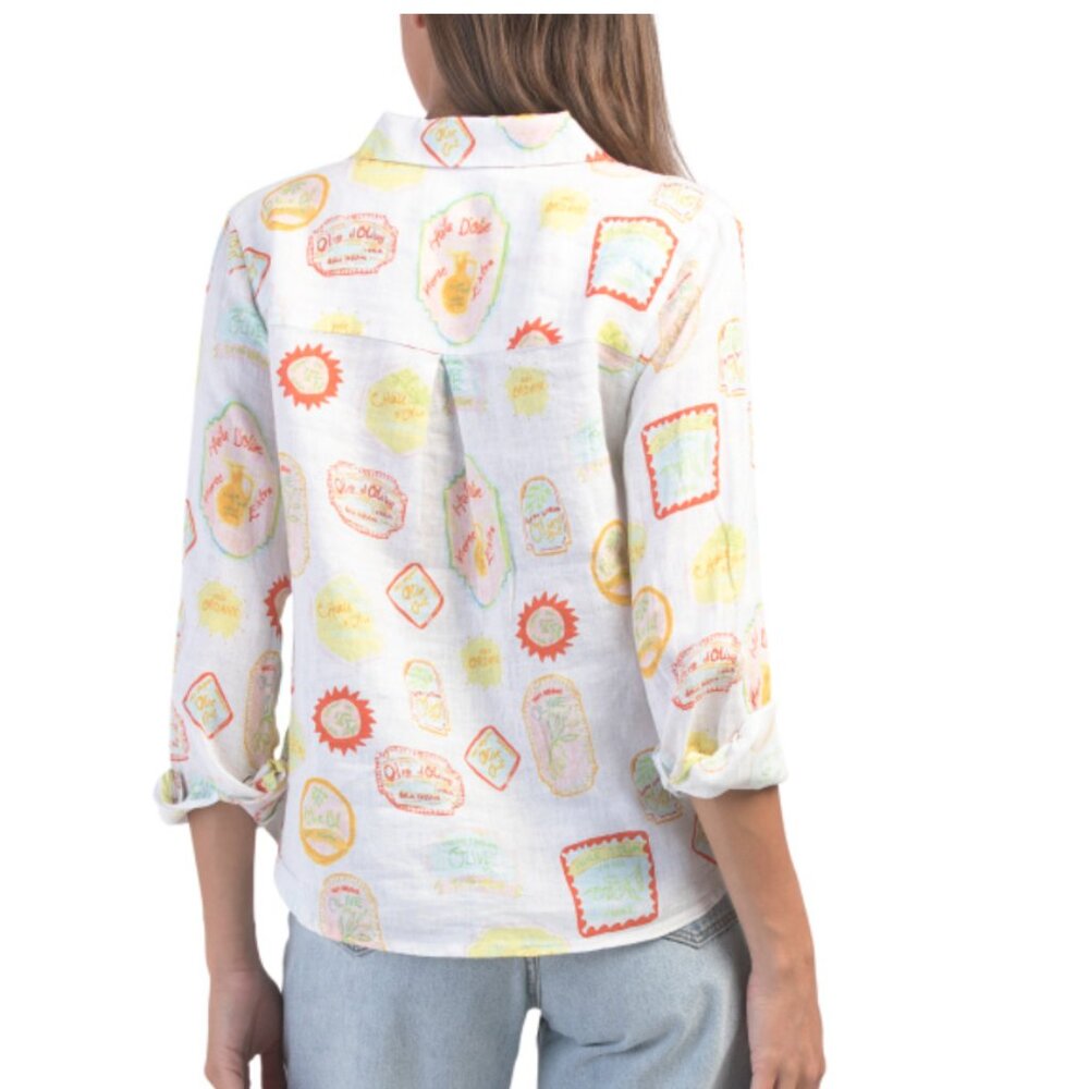 NWT Cynthia Rowley 100% Linen Olive Oil Label Print Button Down Shirt - Picture 3 of 14